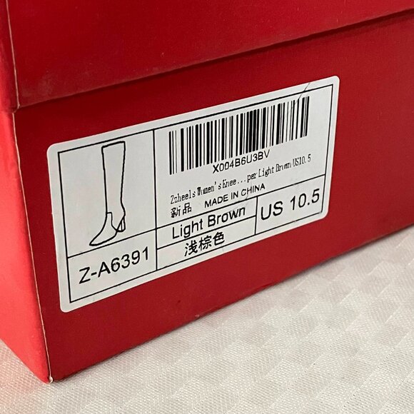 Zzheels Women's 10.5 Light Brown Boots Square Toe Chunky Side Zipper Heeled Long - Picture 5 of 11